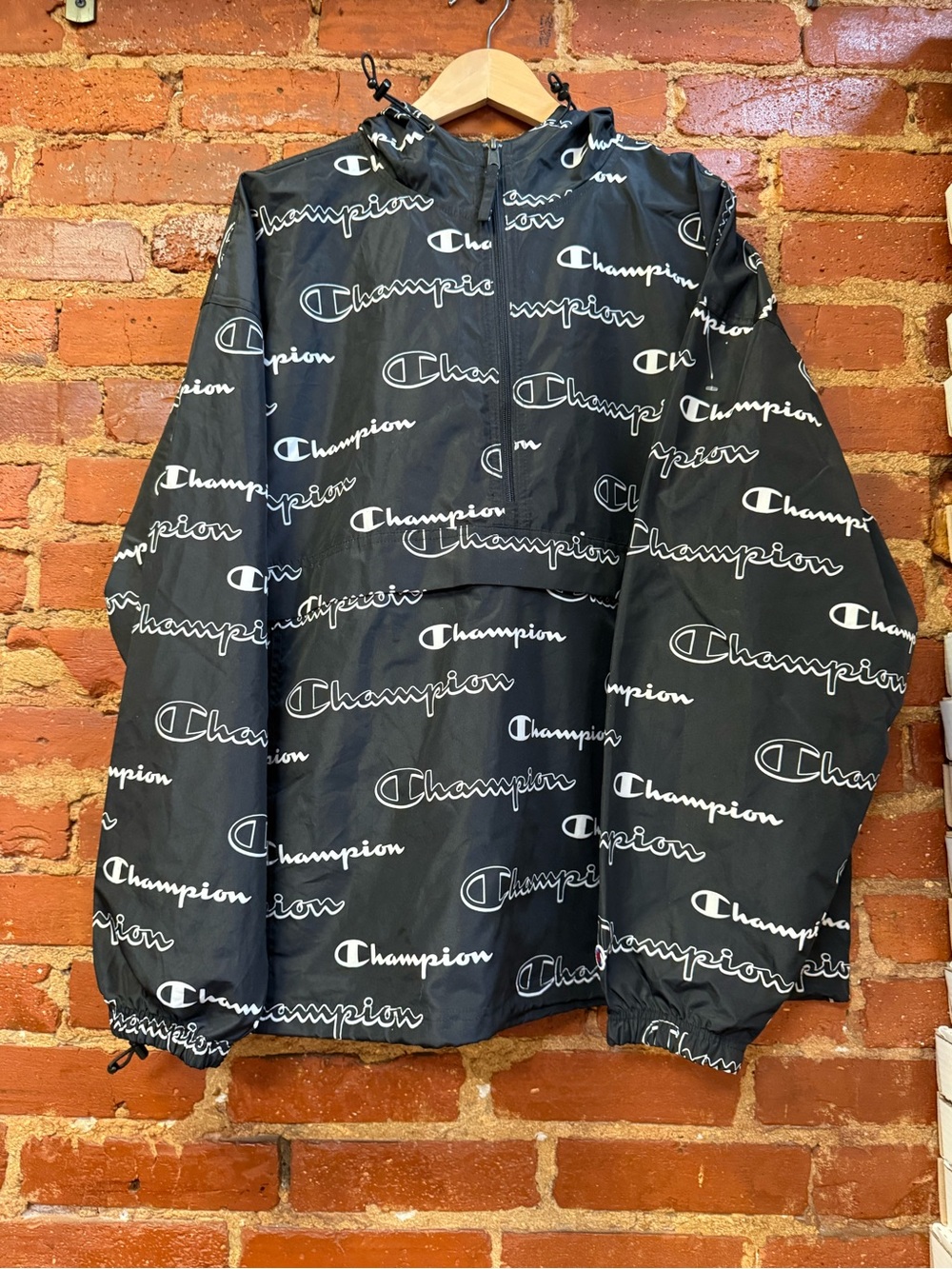 Champion Black Pullover Windbreaker with White Logo Print